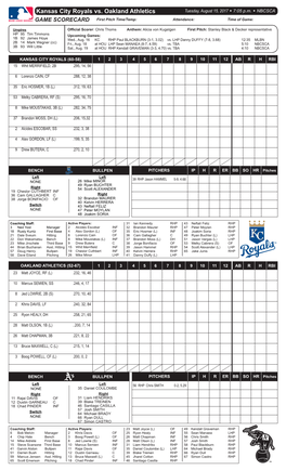 Kansas City Royals Vs. Oakland Athletics Tuesday, August 15, 2017 W 7:05 P.M