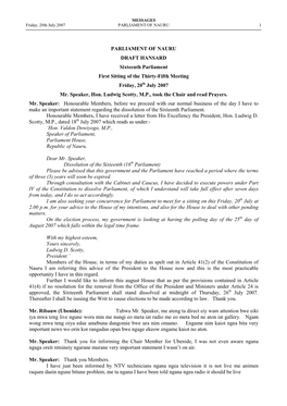 PARLIAMENT of NAURU DRAFT HANSARD Sixteenth Parliament First Sitting of the Thirty-Fifth Meeting Friday, 20Th July 2007 Mr