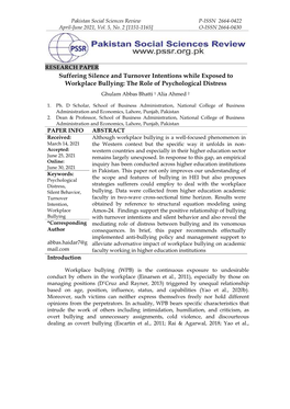 Suffering Silence and Turnover Intentions While Exposed to Workplace Bullying: the Role of Psychological Distress Ghulam Abbas Bhatti 1 Alia Ahmed 2