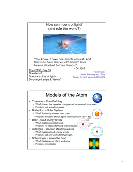 Models of the Atom – – – • Thomson – Plum Pudding – – Why? Known That Negative Charges Can Be Removed from Atom