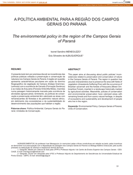 A POLÍTICA AMBIENTAL PARA a REGIÃO DOS CAMPOS GERAIS DO PARANÁ the Environmental Policy in the Region of the Campos Gerais Of