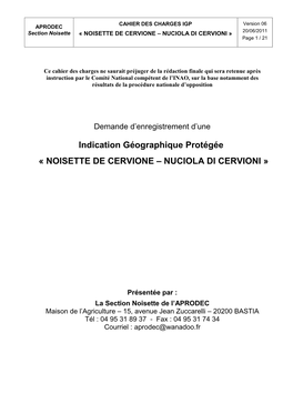 Indication Géographique Protégée « NOISETTE DE CERVIONE – NUCIOLA DI CERVIONI »