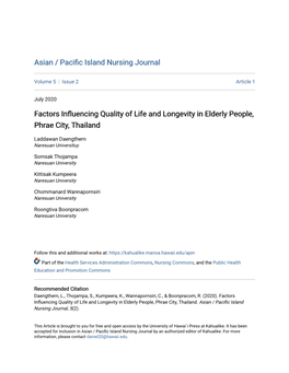 Factors Influencing Quality of Life and Longevity in Elderly People, Phrae City, Thailand