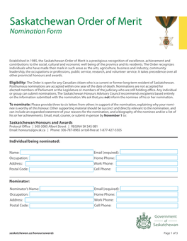 Saskatchewan Order of Merit Nomination Form
