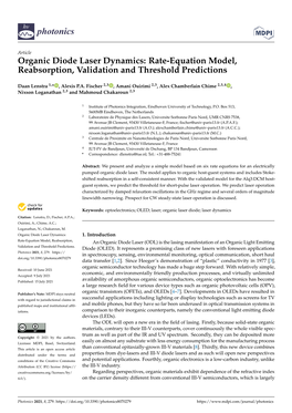 Organic Diode Laser Dynamics: Rate-Equation Model, Reabsorption, Validation and Threshold Predictions