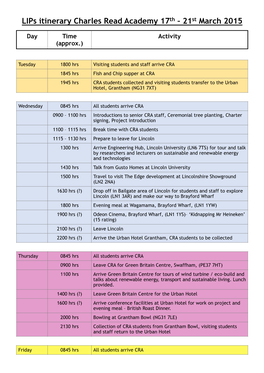 Lips Itinerary Charles Read Academy 17Th – 21St March 2015
