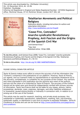 Totalitarian Movements and Political Religions 'Cease Fire
