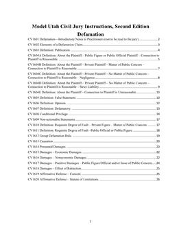 Model Utah Civil Jury Instructions, Second Edition Defamation CV1601 Defamation—Introductory Notes to Practitioners (Not to Be Read to the Jury)