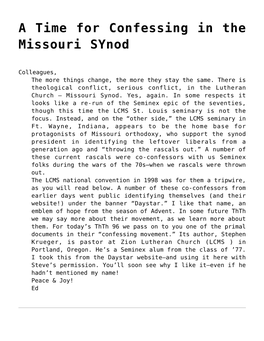 A Time for Confessing in the Missouri Synod