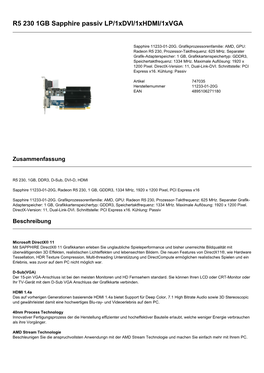 R5 230 1GB Sapphire Passiv LP/1Xdvi/1Xhdmi/1Xvga