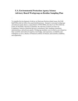 U.S. Environmental Protection Agency Science Advisory Board Workgroup on Residue Sampling Plan