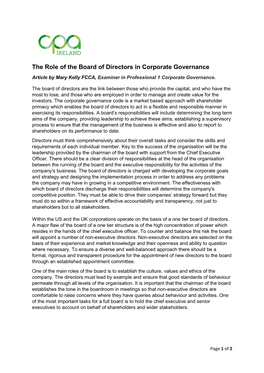 The Role of the Board of Directors in Corporate Governance Article by Mary Kelly FCCA, Examiner in Professional 1 Corporate Governance