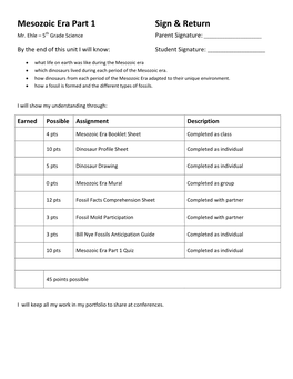 Mesozoic Era Part 1 Sign & Return
