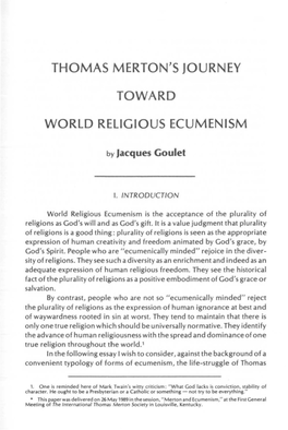 Thomas Merton's Journey Toward World Religious Ecumenism