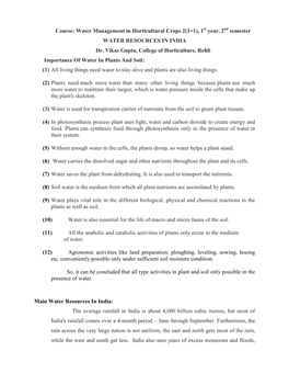 1 Year, 2 Semester WATER RESOURCES in INDIA Dr. Vikas Gupta, College Of