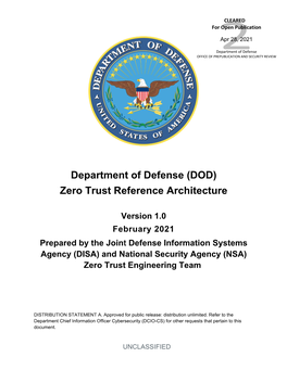 Department of Defense (DOD) Zero Trust Reference Architecture