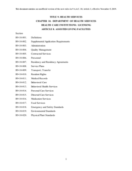 1 Title 9. Health Services Chapter 10. Department of Health Services Health Care Institutions: Licensing Article 8. Assisted Li
