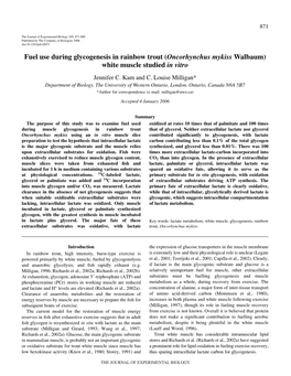 Fuel Use During Glycogenesis in Rainbow Trout (Oncorhynchus Mykiss Walbaum) White Muscle Studied in Vitro Jennifer C