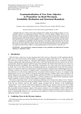 Grammaticalization of Near from Adjective to Preposition Via Head-Movement, Gradability Declination and Structural Reanalysis