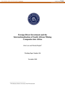 Foreign Direct Investment and the Internationalisation of South African Mining Companies Into Africa