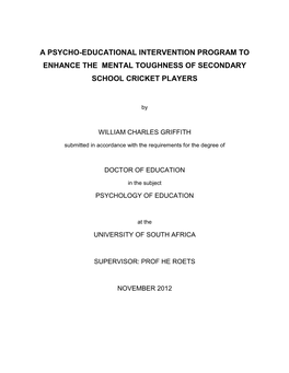 A Psycho-Educational Intervention Program to Enhance the Mental Toughness of Secondary School Cricket Players