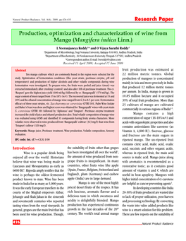 Production, Optimization and Characterization of Wine from Mango