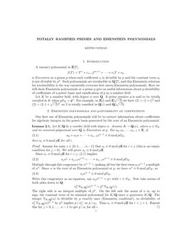 Totally Ramified Primes and Eisenstein Polynomials