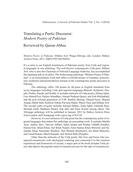 Translating a Poetic Discourse: Modern Poetry of Pakistan Reviewed by Qaisar Abbas