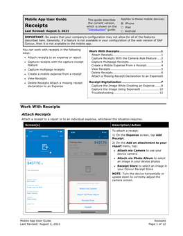 Mobile App User Guide This Guide Describes Applies to These Mobile Devices: the Current Version,  Iphone Receipts Which Is Shown on the  Ipad 