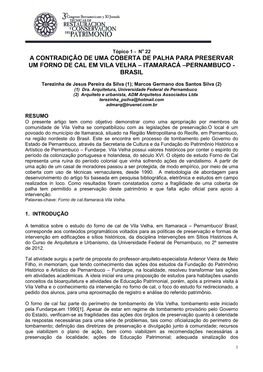 A Contradição De Uma Coberta De Palha Para Preservar Um Forno De Cal Em Vila Velha – Itamaracá –Pernambuco - Brasil