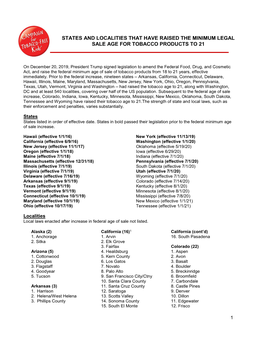 States and Localities That Have Raised the Tobacco Sale Age to 21