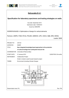 Deliverable D 4.1 Specification for Laboratory Specimens and Testing