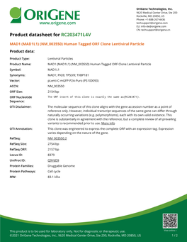 MAD1 (MAD1L1) (NM 003550) Human Tagged ORF Clone Lentiviral Particle Product Data