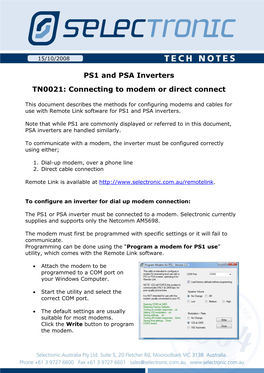 PS1 and PSA Inverters TN0021: Connecting to Modem Or Direct Connect