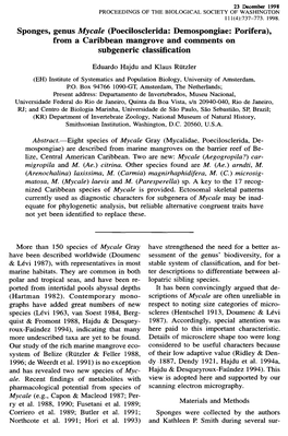 Sponges, Genus Mycale (Poecilosclerida: Demospongiae: Porifera), from a Caribbean Mangrove and Comments on Subgeneric Classification