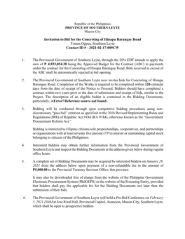 Invitation to Bid for the Concreting of Hinapu Barangay Road Tomas Oppus, Southern Leyte Contact ID # - 2021-02-17-009CW