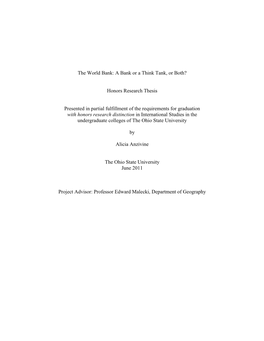 The World Bank: a Bank Or a Think Tank, Or Both? Honors Research Thesis Presented in Partial Fulfillment of the Requirements