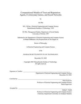 Computational Models of Trust and Reputation: Agents, Evolutionary Games, and Social Networks