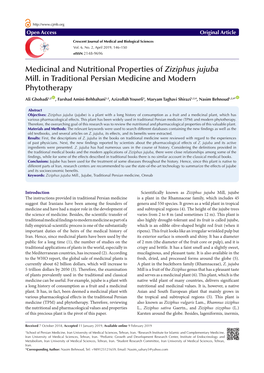 Medicinal and Nutritional Properties of Ziziphus Jujuba Mill. in Traditional Persian Medicine and Modern Phytotherapy