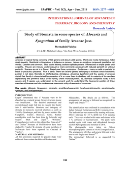 Study of Stomata in Some Species of Alocasia and Syngonium of Family Araceae Juss