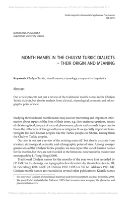 Month Names in the Chulym Turkic Dialects – Their Origin and Meaning