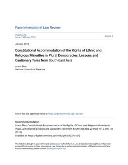 Constitutional Accommodation of the Rights of Ethnic and Religious Minorities in Plural Democracies: Lessons and Cautionary Tales from South-East Asia