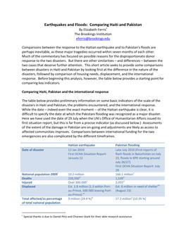 Earthquakes and Floods: Comparing Haiti and Pakistan by Elizabeth Ferris the Brookings Institution Eferris@Brookings.Edu