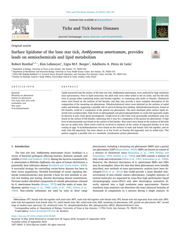 Surface Lipidome of the Lone Star Tick, Amblyomma Americanum, Provides T Leads on Semiochemicals and Lipid Metabolism ⁎ Robert Renthala,B, , Kim Lohmeyerc, Lígia M.F