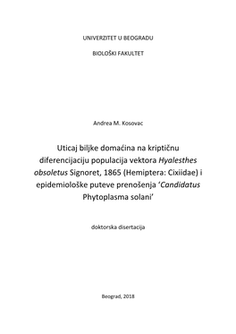 Uticaj Biljke Domaćina Na Kriptičnu Diferencijaciju Populacija Vektora