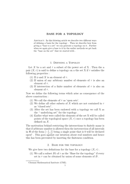 BASE for a TOPOLOGY 1. Defining a Topolgy Let X Be a Set and Τ A