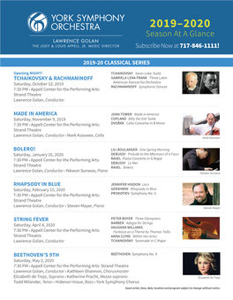 2019–2020 Season at a Glance Subscribe Now at 717-846-1111!