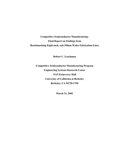 Competitive Semiconductor Manufacturing: Final Report on Findings from Benchmarking Eight-Inch, Sub-350Nm Wafer Fabrication Lines