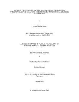 Bringing the Judiciary Back In: an Analysis of the Impact of Executive-Judicial Relations on Democratic Institutional Stability in Venezuela