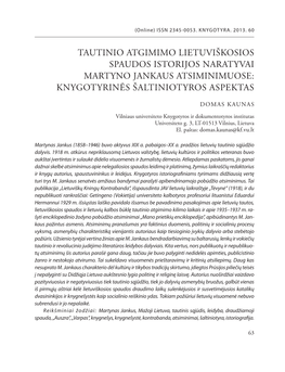 Tautinio Atgimimo Lietuviškosios Spaudos Istorijos Naratyvai Martyno Jankaus Atsiminimuose: Knygotyrinės Šaltiniotyros Aspektas